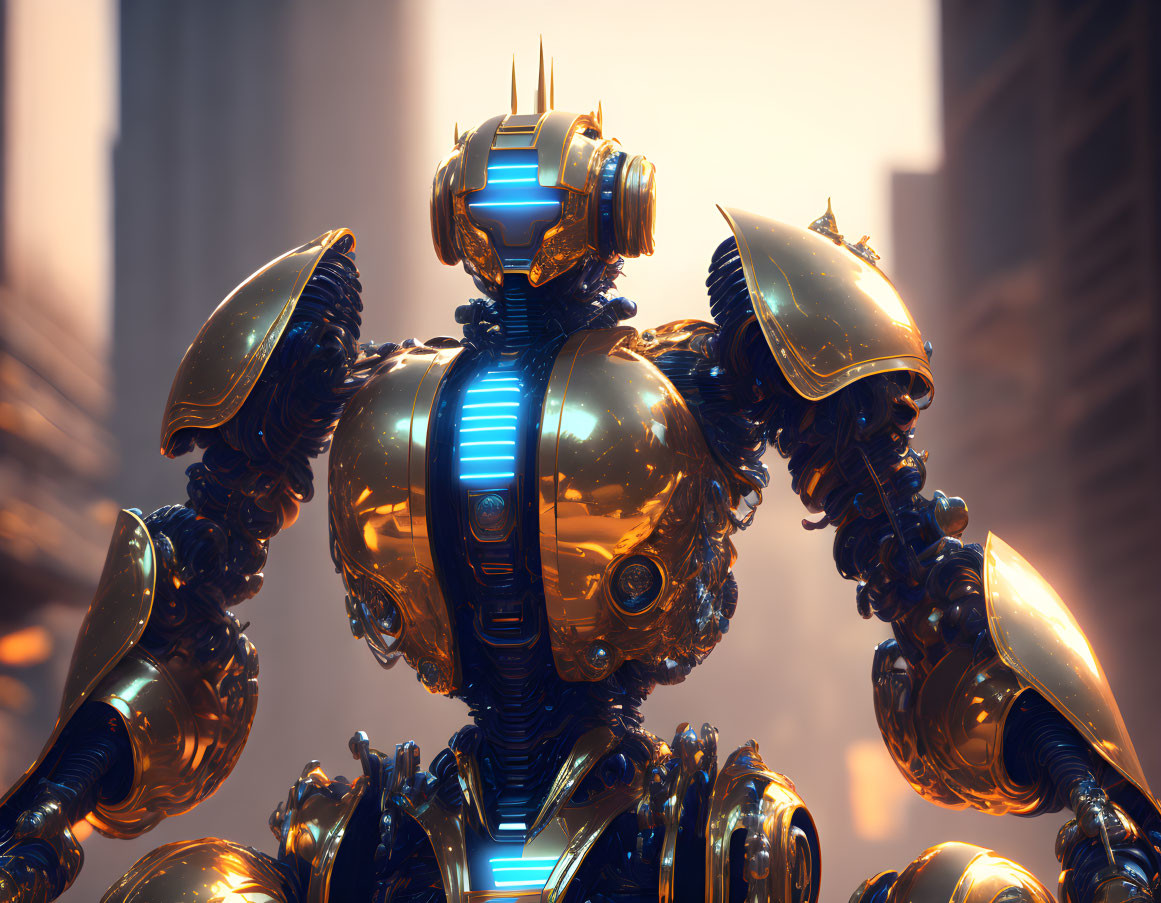 Detailed Gold-Plated Robot in Cityscape with Blue Glow