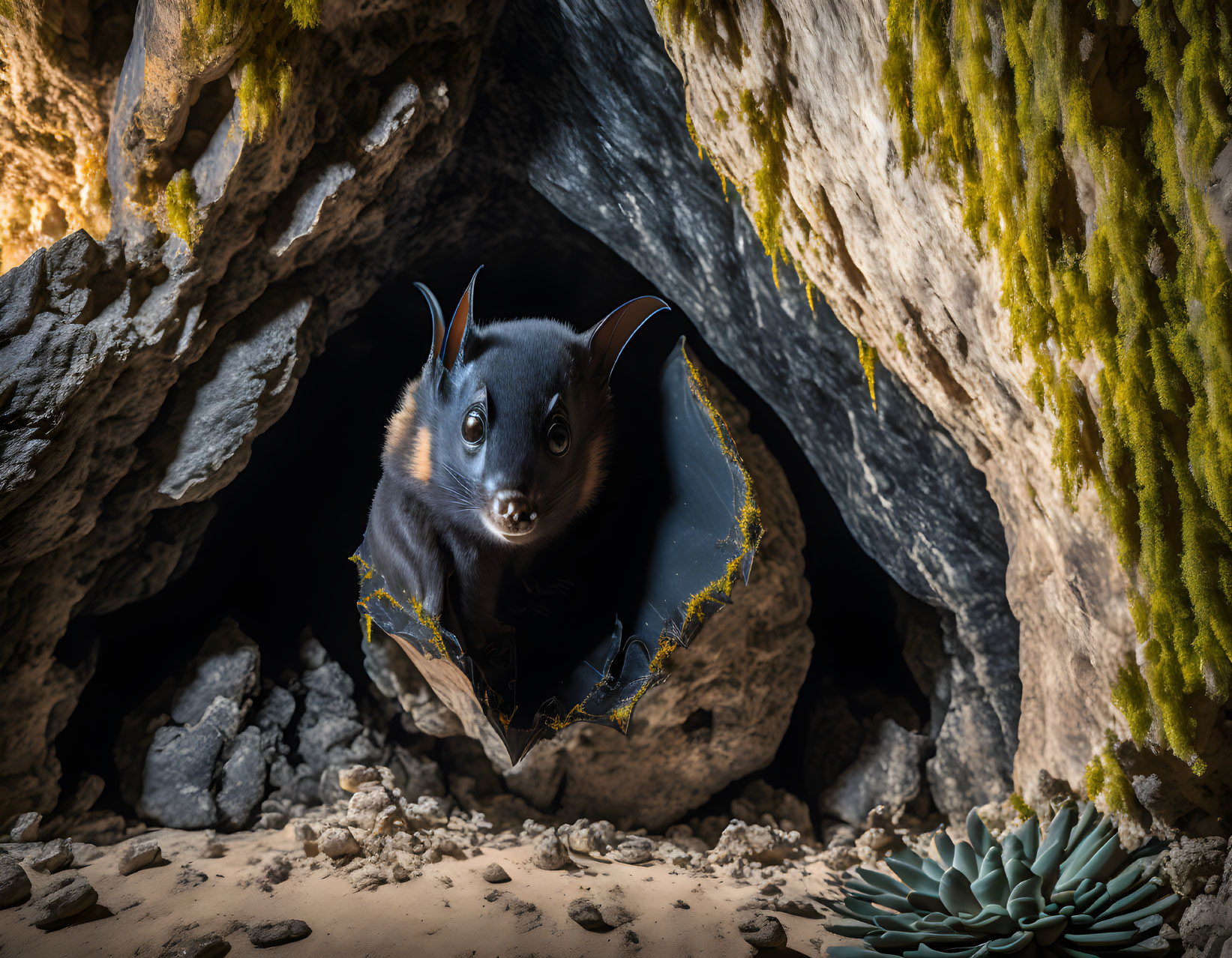 Black-furred bat with striking eyes in cave entrance with rocks and moss.