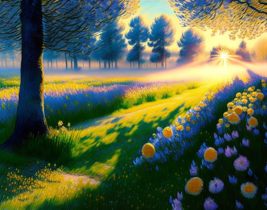 Scenic sunrise landscape with lavender fields, wildflowers, trees, and a meadow path