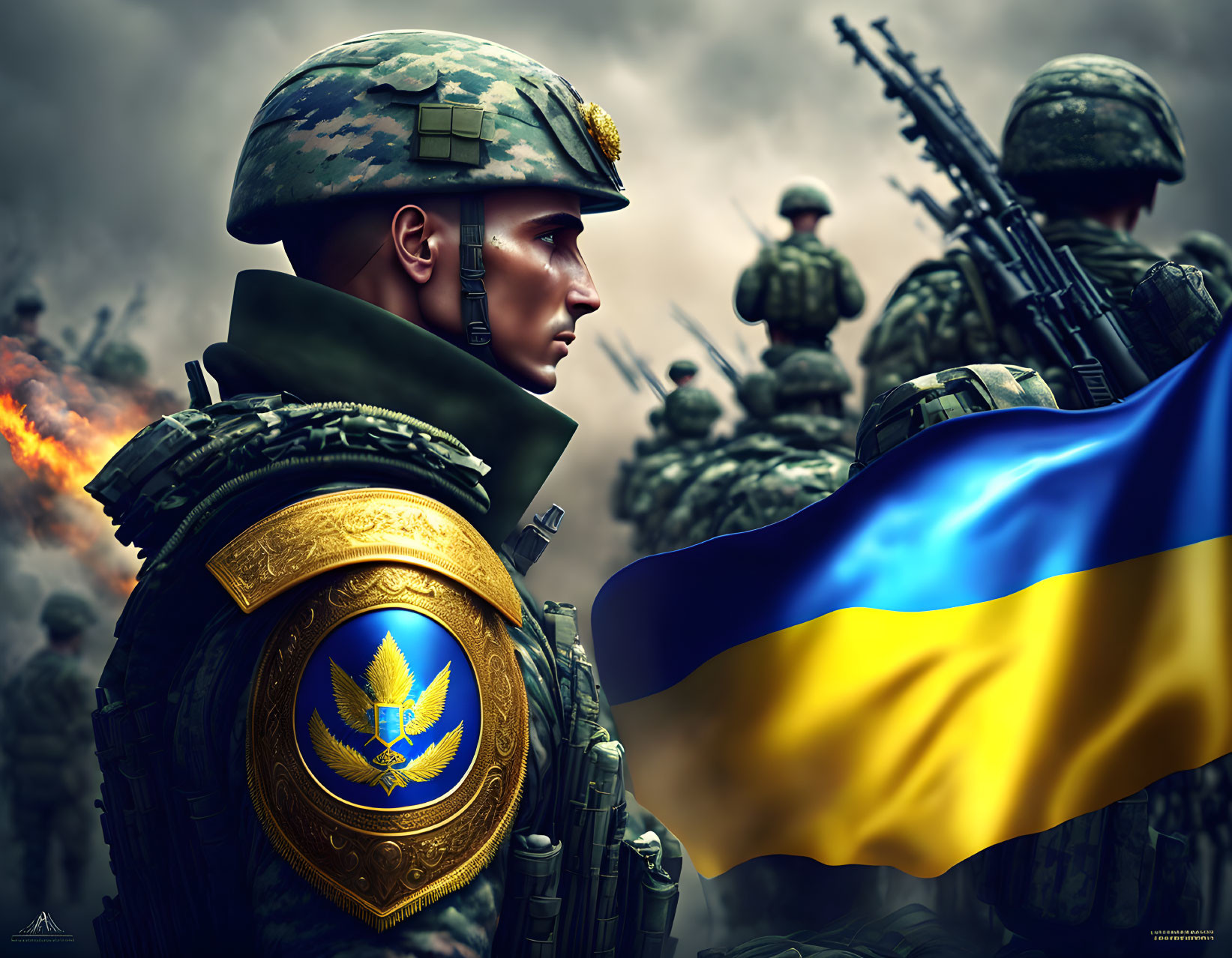 Digital artwork of soldier with shield and Ukrainian flag among armed forces and fire