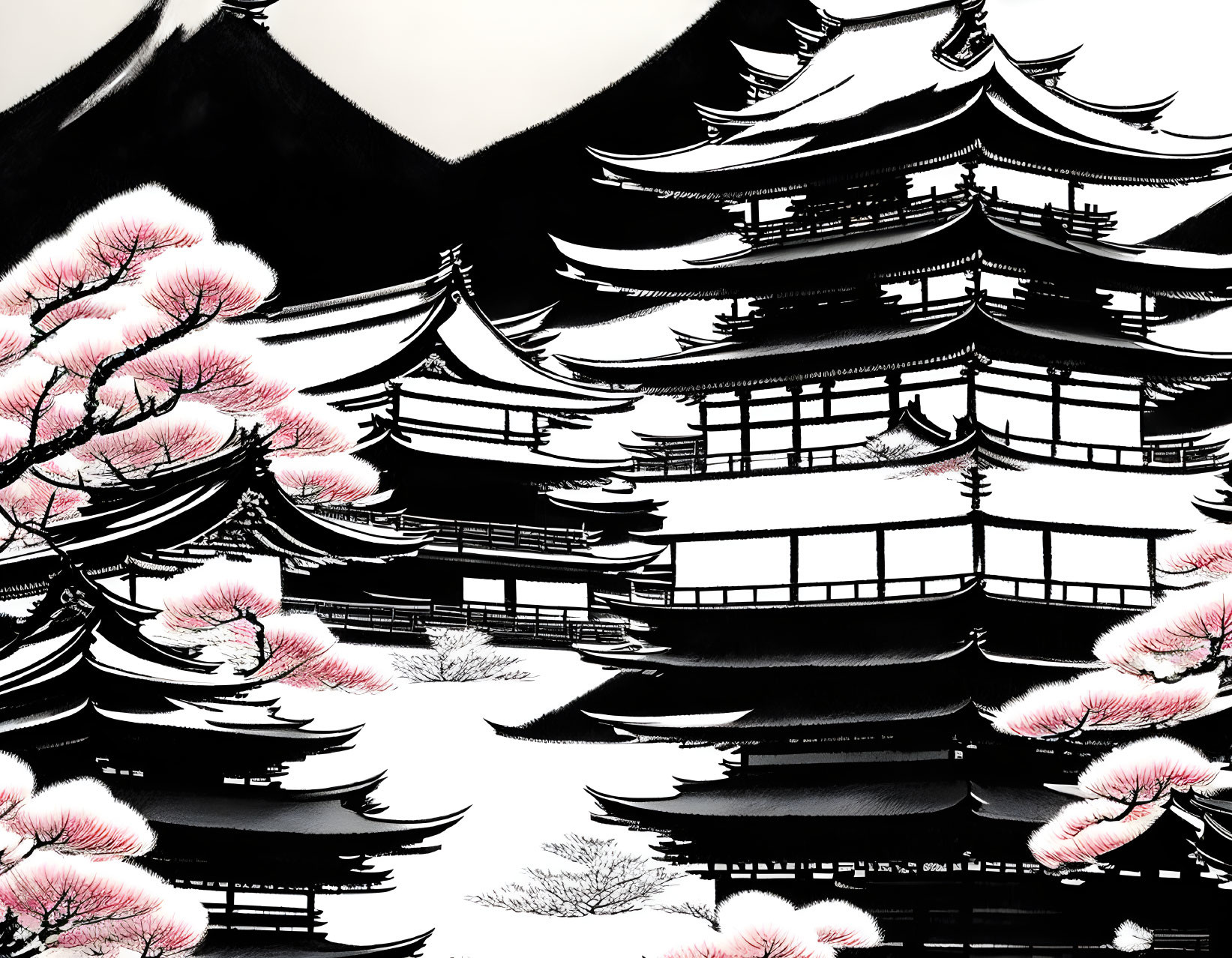 Traditional Japanese pagoda with cherry blossoms and mountain backdrop illustration.