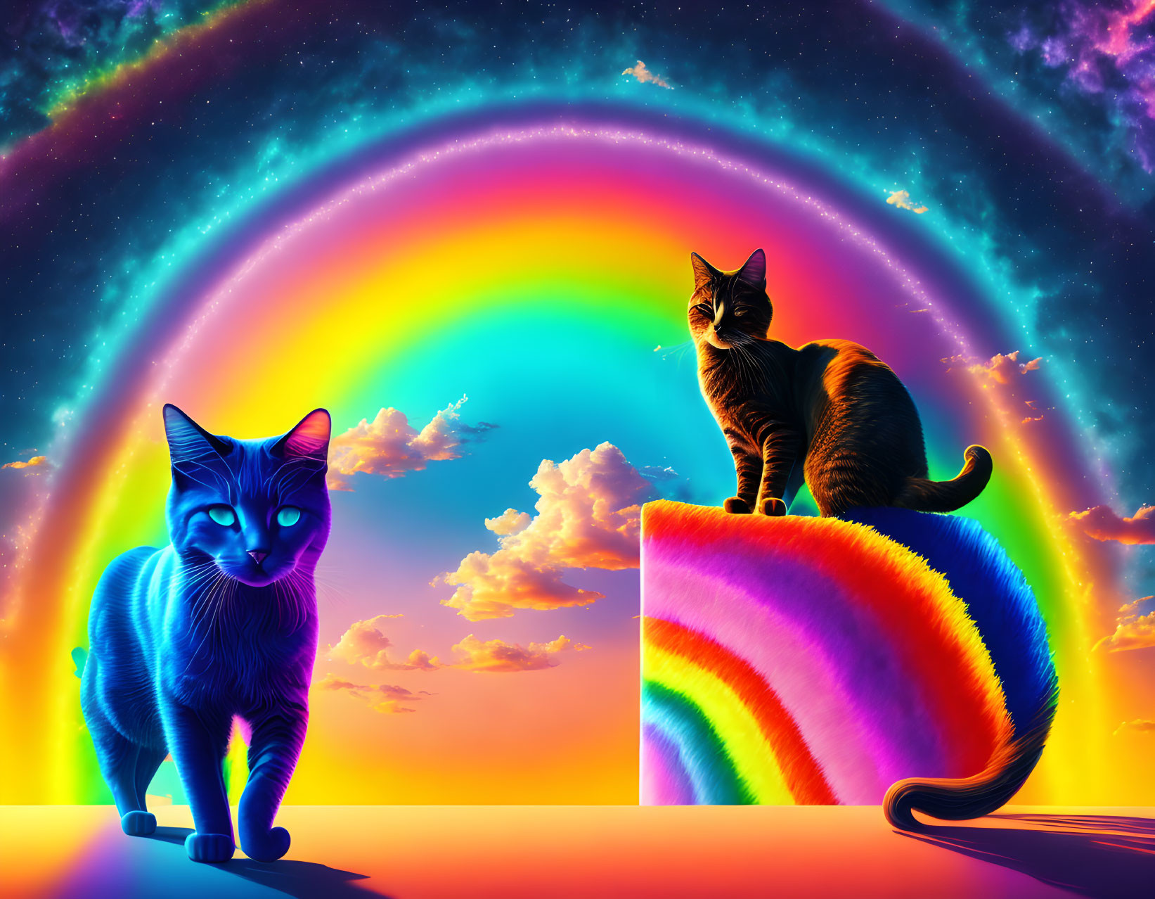 Vibrant blue-toned cats under rainbow sky