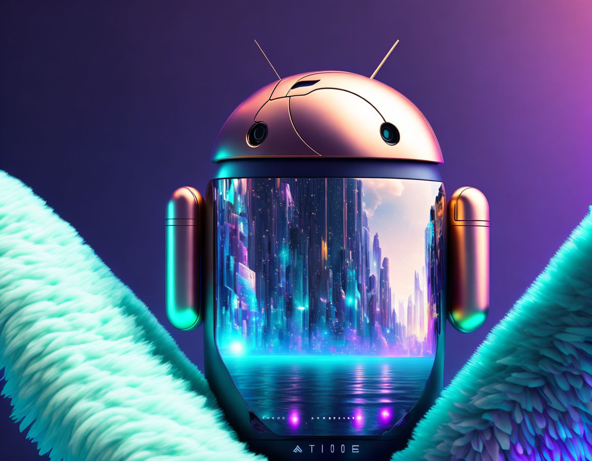 Futuristic robotic head with cityscape window, blue feathered wings, purple backdrop