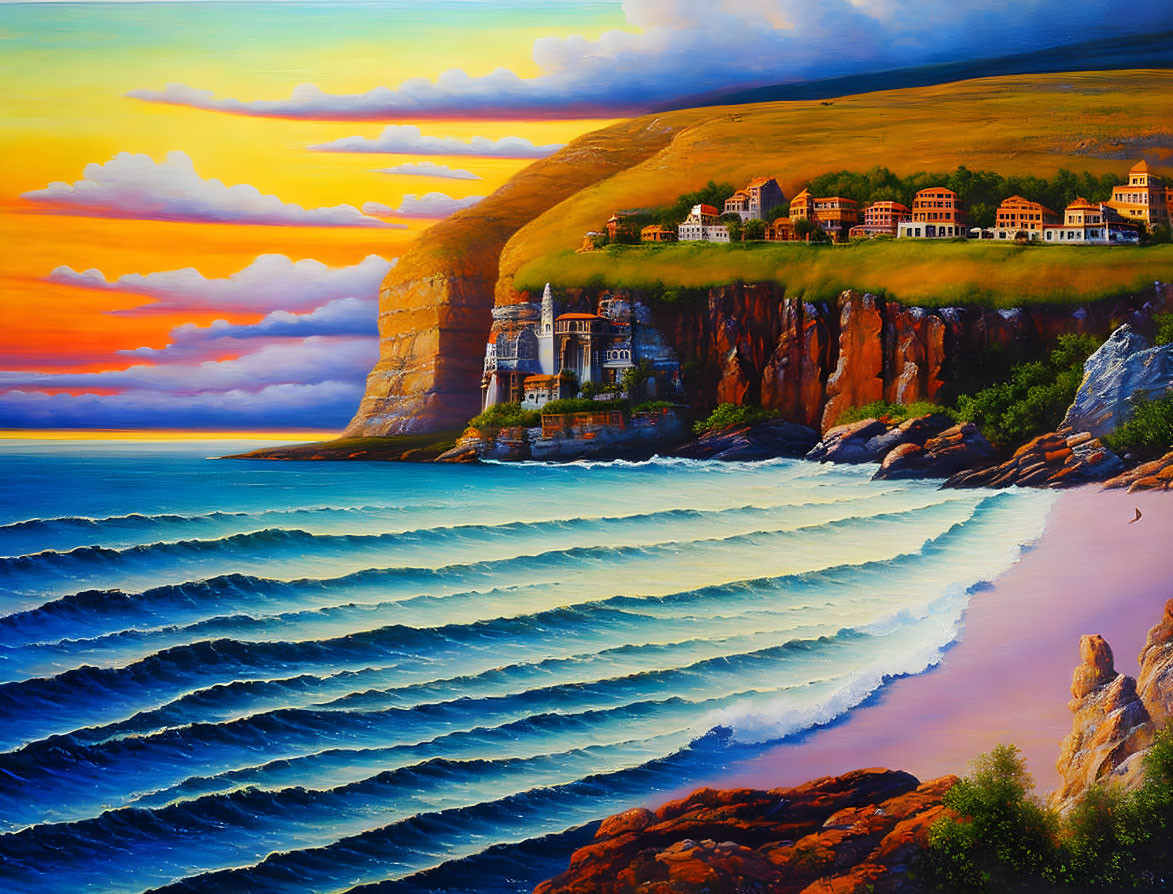 Seascape with wavy ocean, cliffside houses, beach, and sunset sky