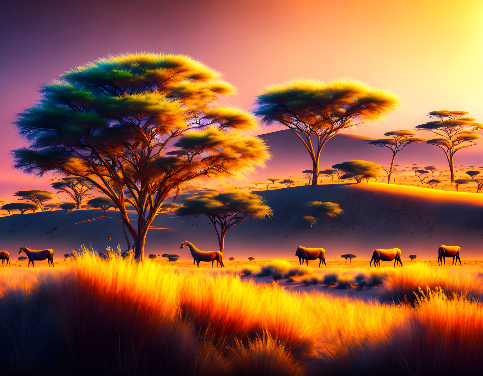 African savanna sunset digital art with wildlife silhouettes