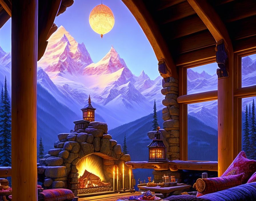 Cozy Cabin Interior with Fireplace, Mountain View, Warm Lighting, and Lanterns