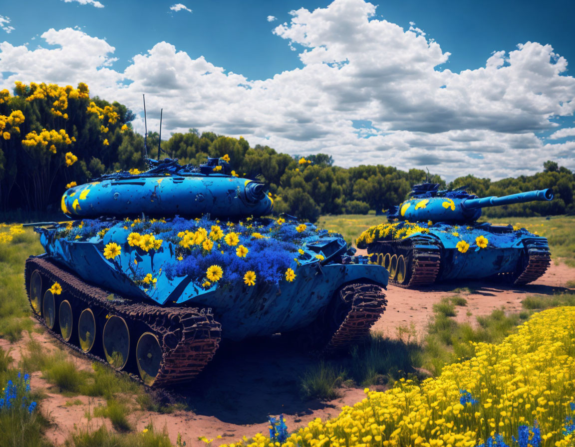 Old Blue Tanks Covered in Yellow Flowers in Field under Cloudy Sky