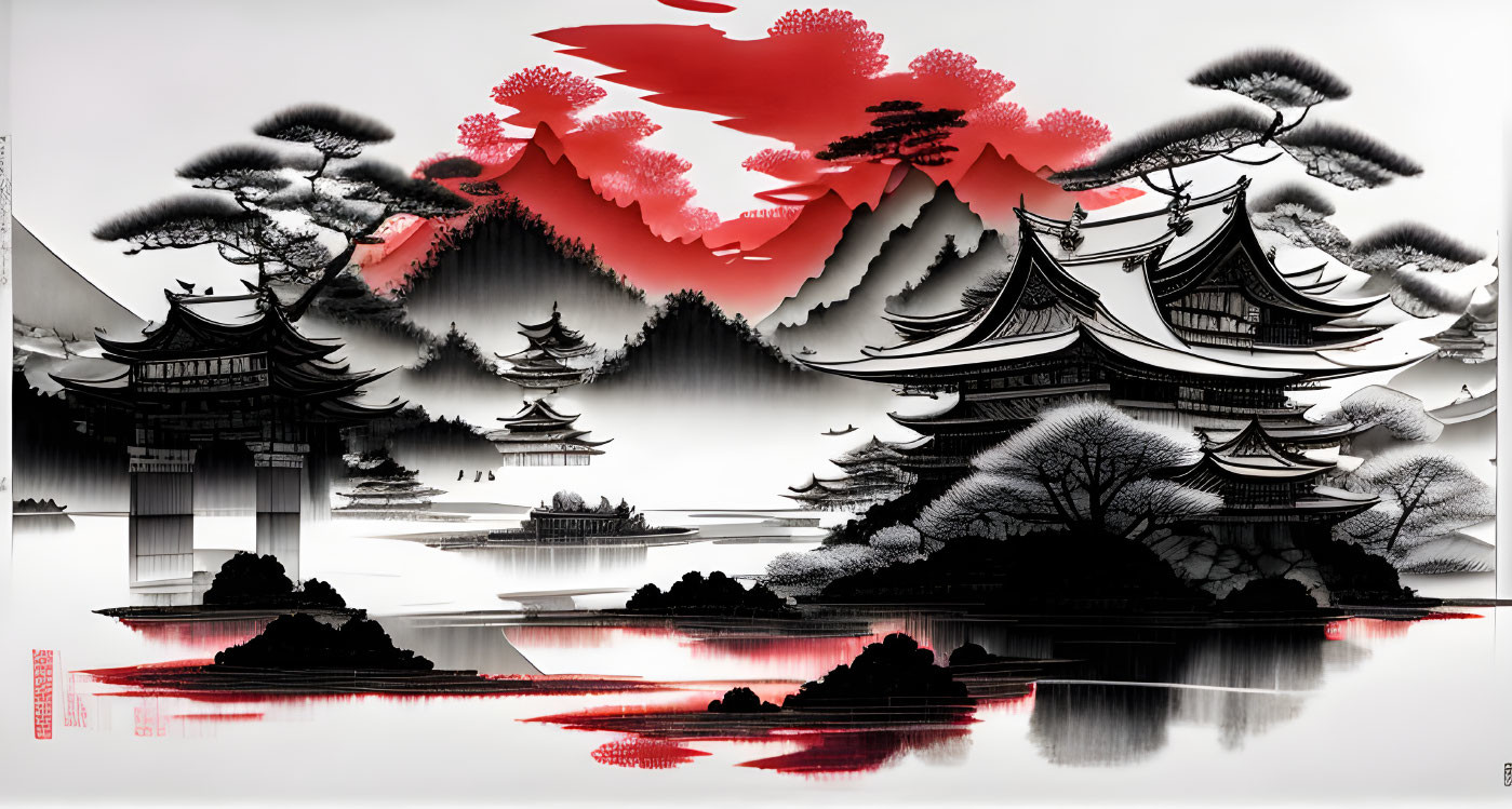 Monochrome Asian landscape illustration with red accents