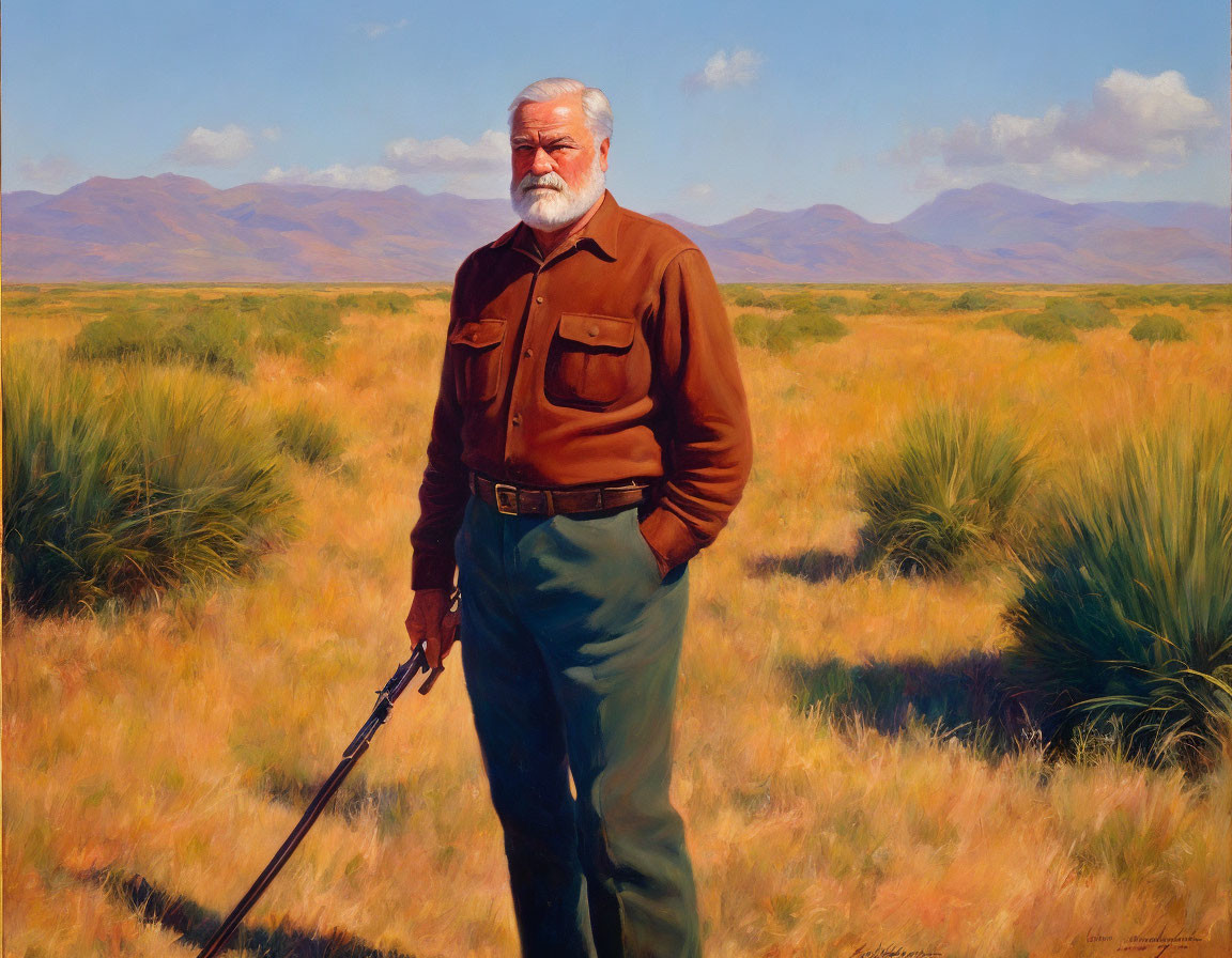 Elder man with white beard holding rifle in grassy plain