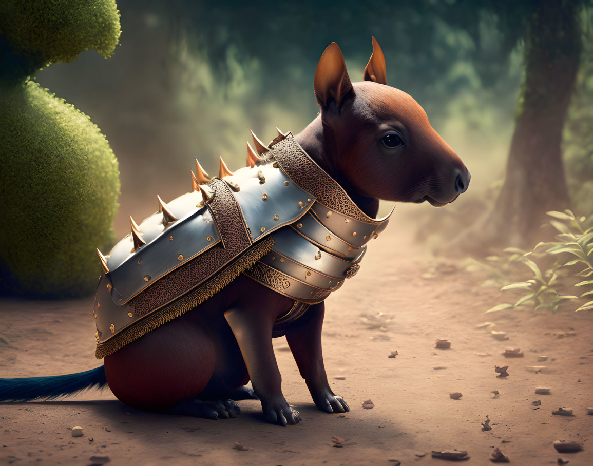 Digital artwork: Small brown creature with dog body and squirrel head in medieval armor, forest setting