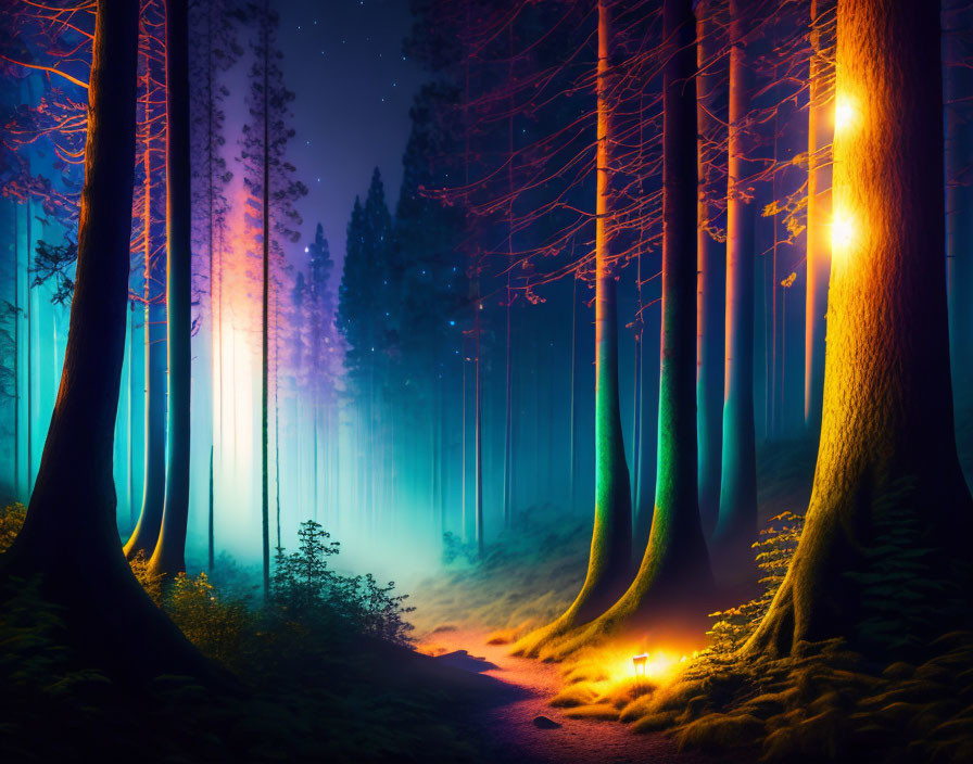 Misty Enchanted Forest Night Scene with Glowing Lights