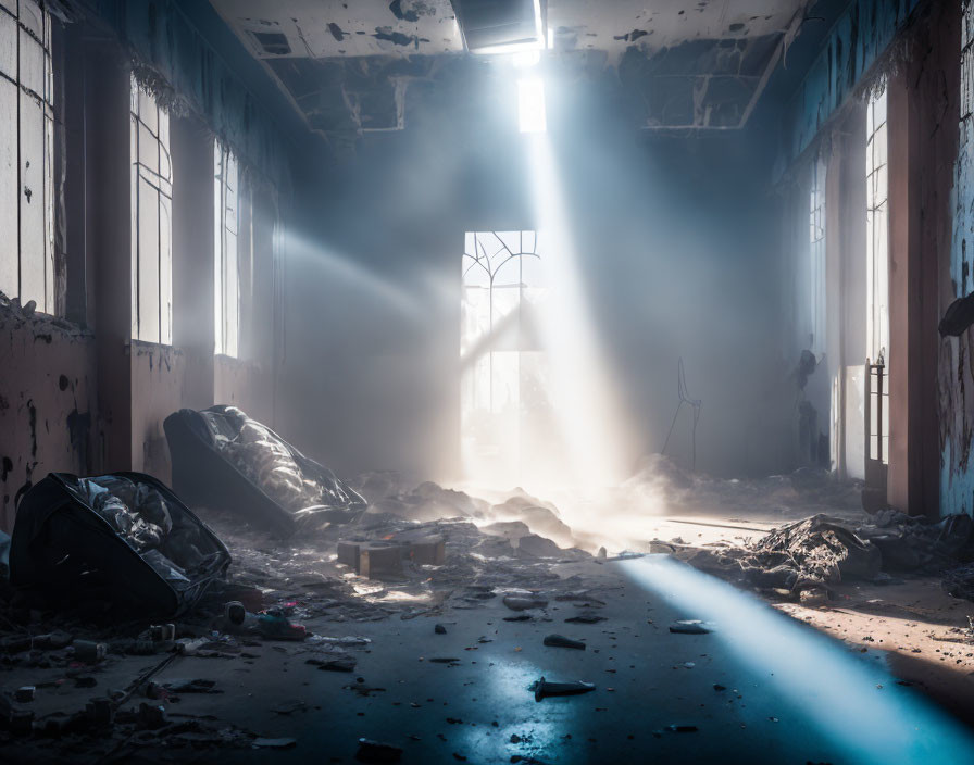 Abandoned room with sunlight, broken door, and debris.