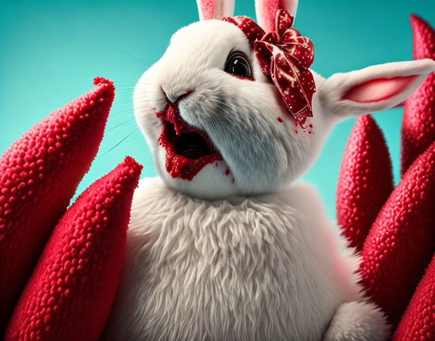 White Rabbit with Red Bow Surrounded by Red Fuzzy Objects on Turquoise Background