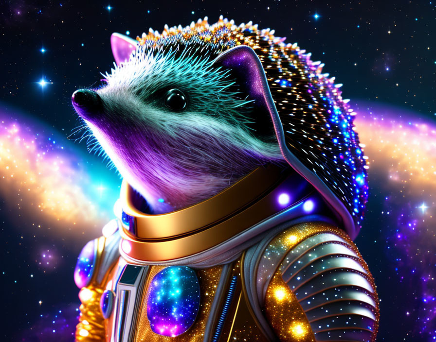 Futuristic hedgehog in spacesuit against starry cosmos background