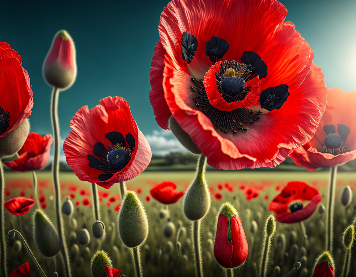 Bright red poppies with black centers in lush field under sunny sky