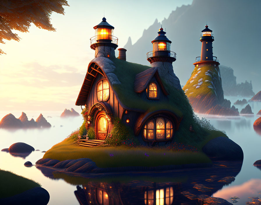 Fantasy cottage with twin lighthouses on grassy island at dusk