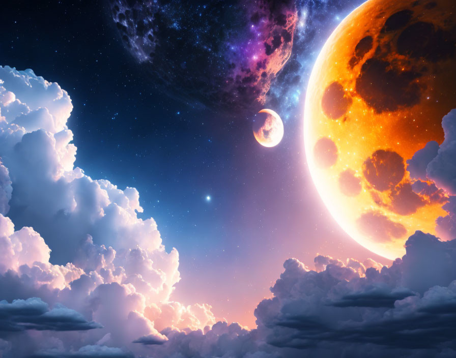 Colorful cosmic scene with celestial bodies and starry sky.