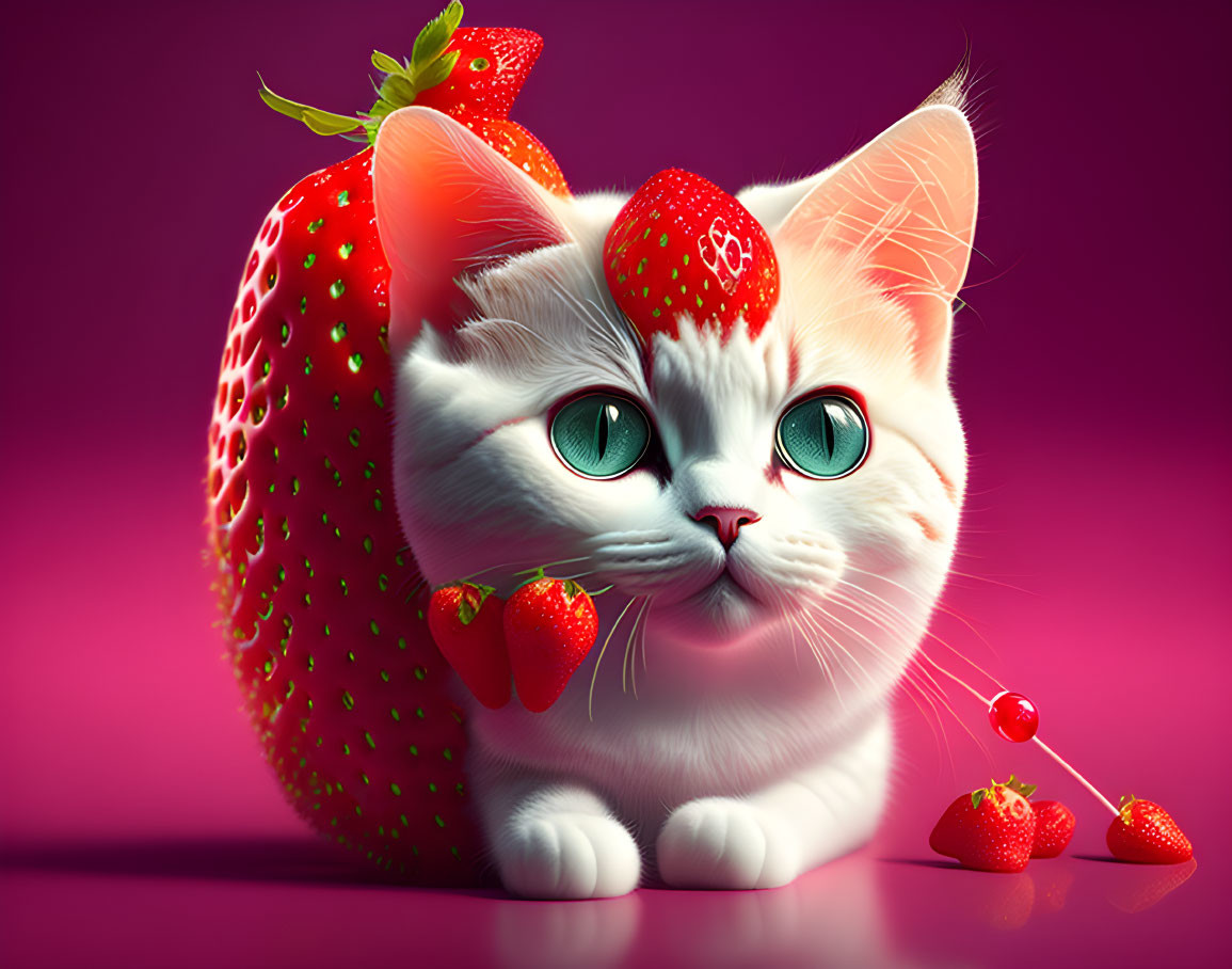 Whimsical digital artwork of a cat with strawberry fur pattern and green eyes on magenta background