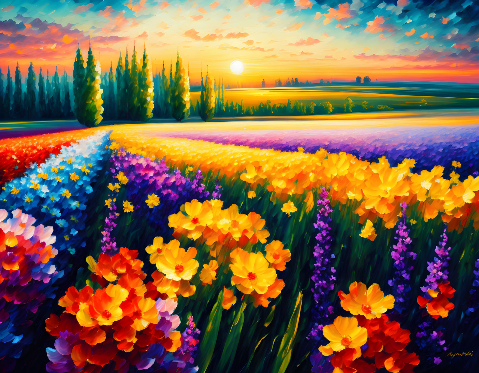 Colorful sunset painting over flower field with tall trees and dramatic sky