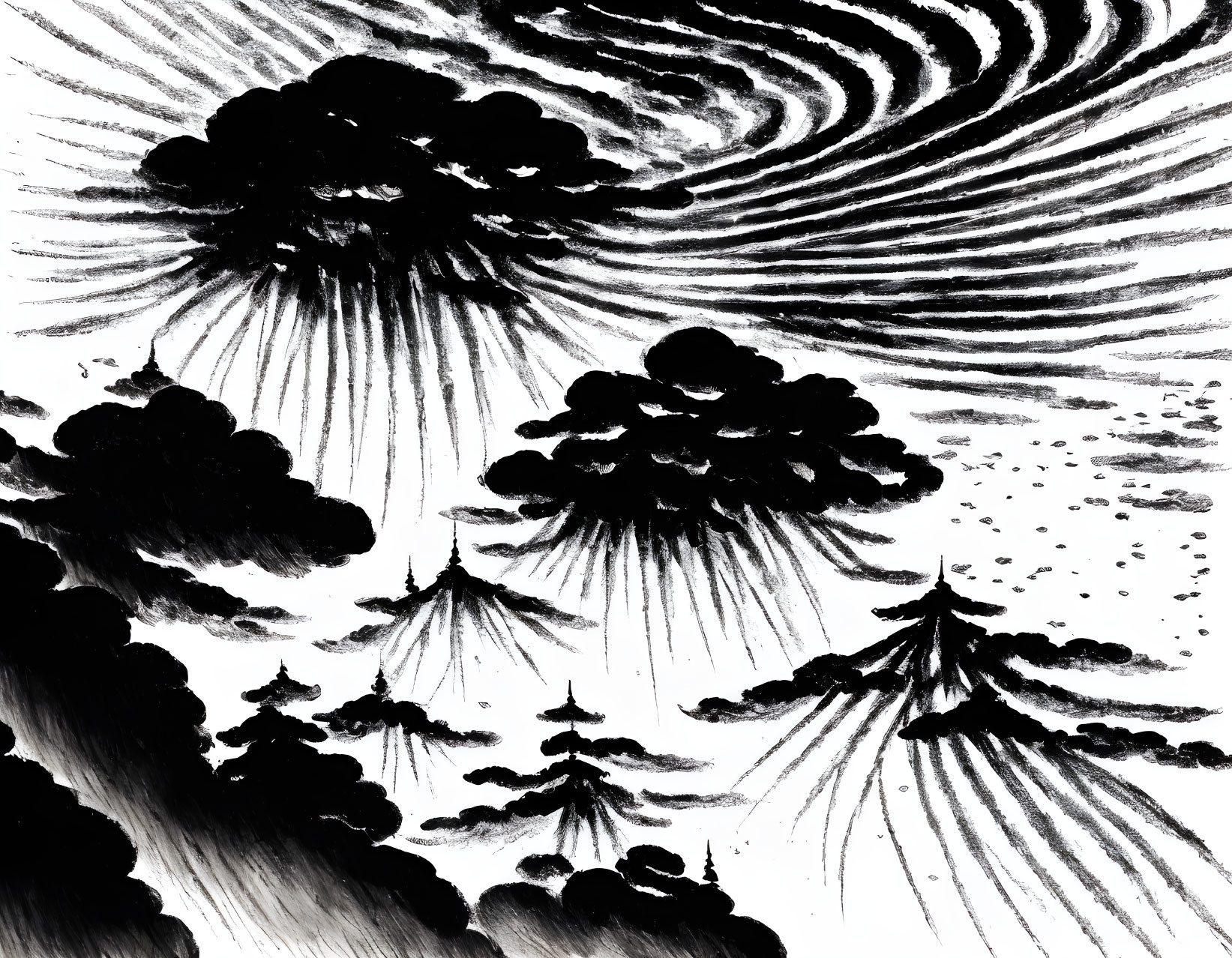 Ink wash landscape with dynamic clouds and pine trees