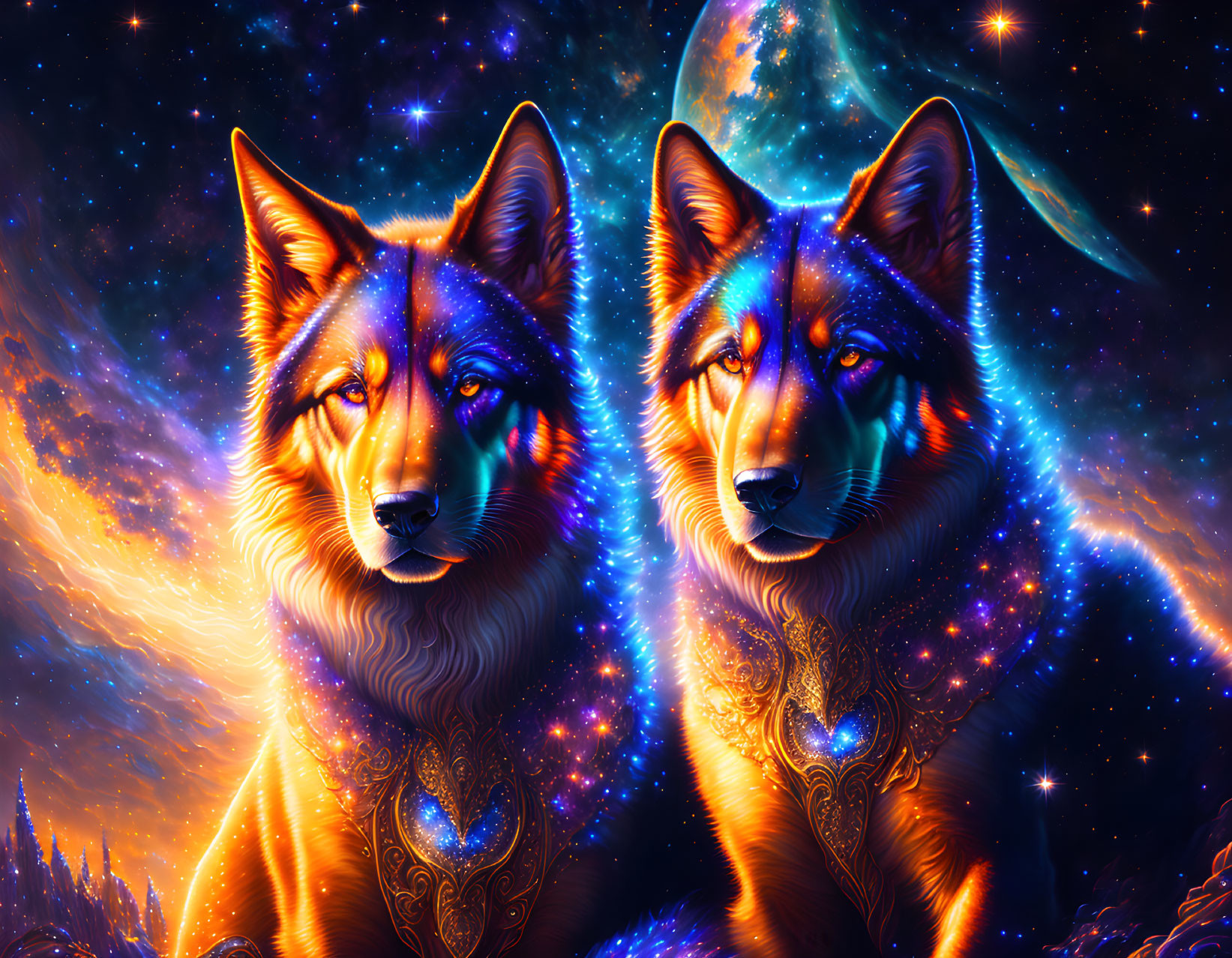 Colorful digital artwork: Cosmic wolves with glowing fur in starry setting