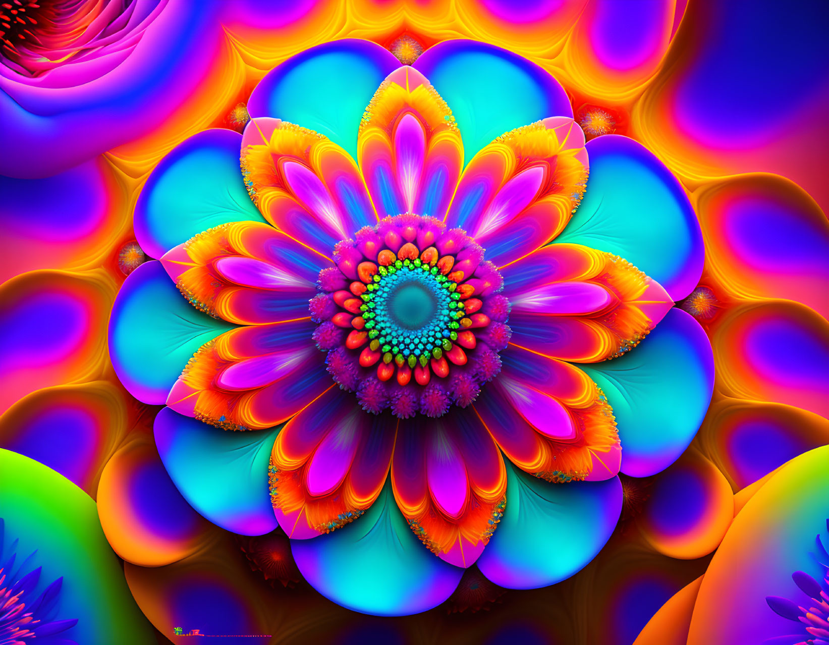 Multicolored symmetrical fractal art of a blooming flower