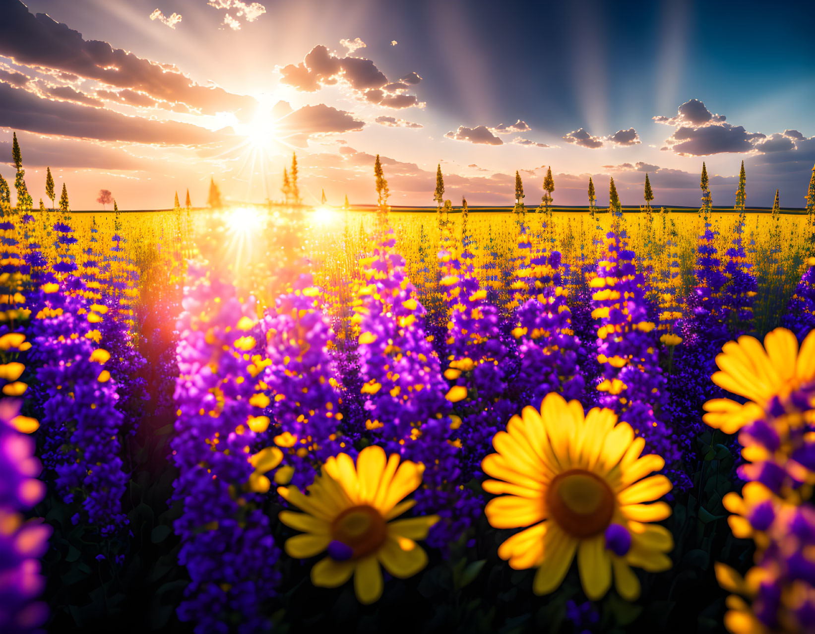 Vibrant Field with Yellow and Purple Flowers at Sunset