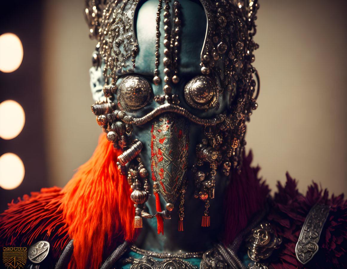 Intricately decorated tribal mask with beads, metalwork, and feathers on bokeh backdrop