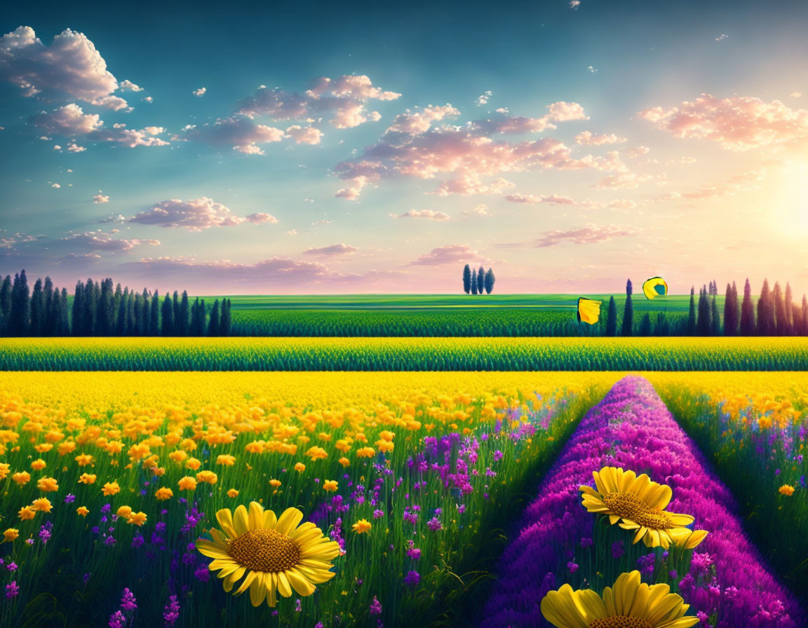 Colorful Flower Field with Green Fields and Blue Sky