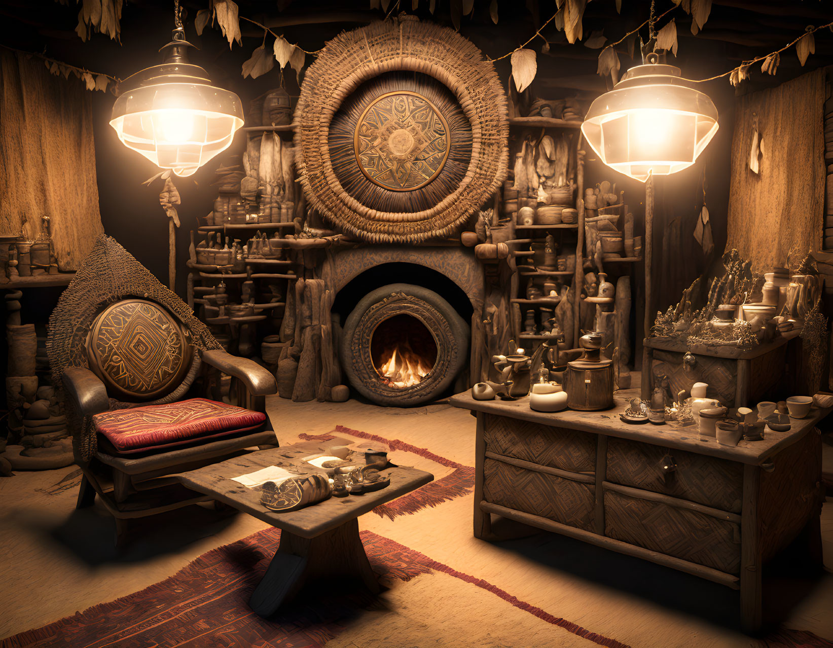 Dimly-lit tribal decor room with fireplace, lanterns, wooden furniture, and artifacts