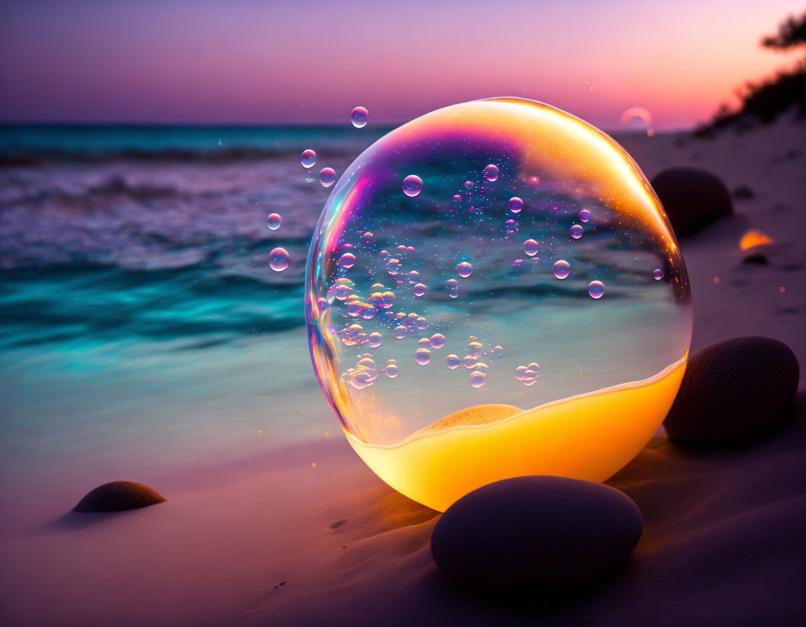 Colorful soap bubble reflecting sunset hues on serene beach with smooth stones and floating bubbles