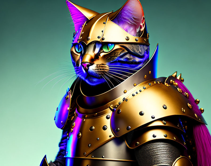 Digitally-rendered cat in medieval knight's armor on teal background