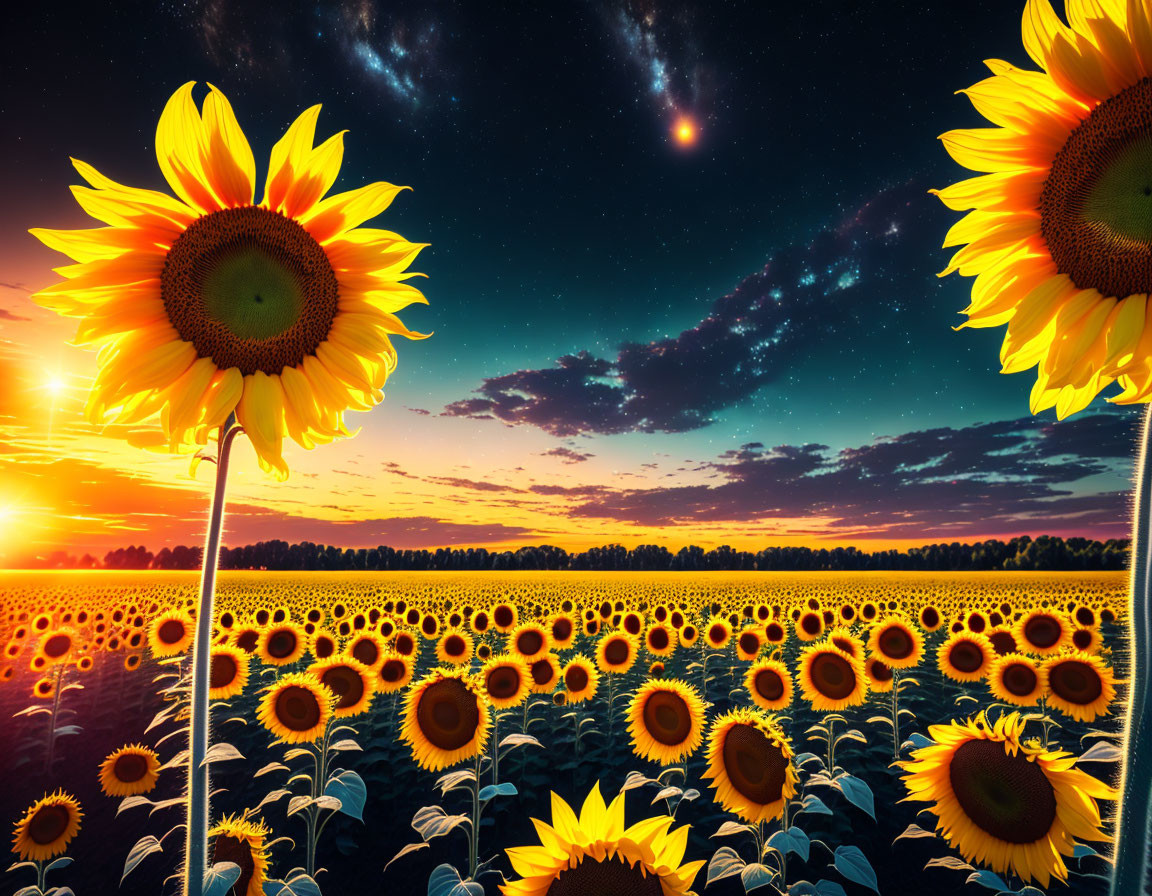 Vibrant sunflowers in field under starry sunset sky