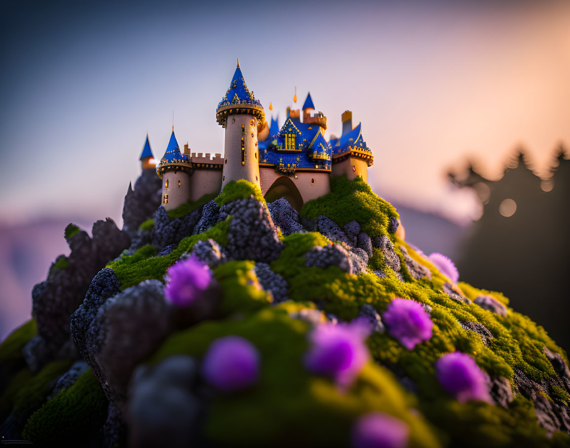 Miniature castle with blue rooftops on mossy hillock at sunset