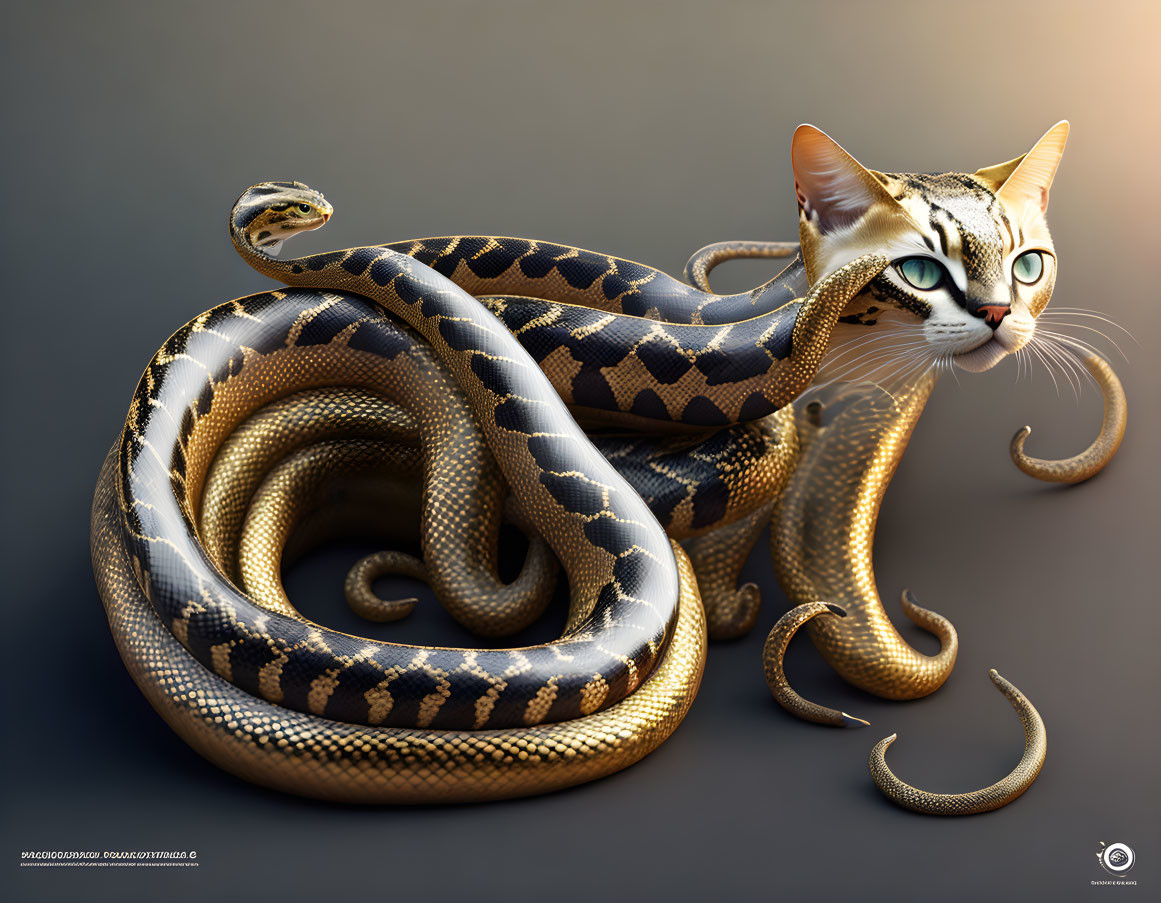 Surreal creature with cat head and snake body on neutral backdrop