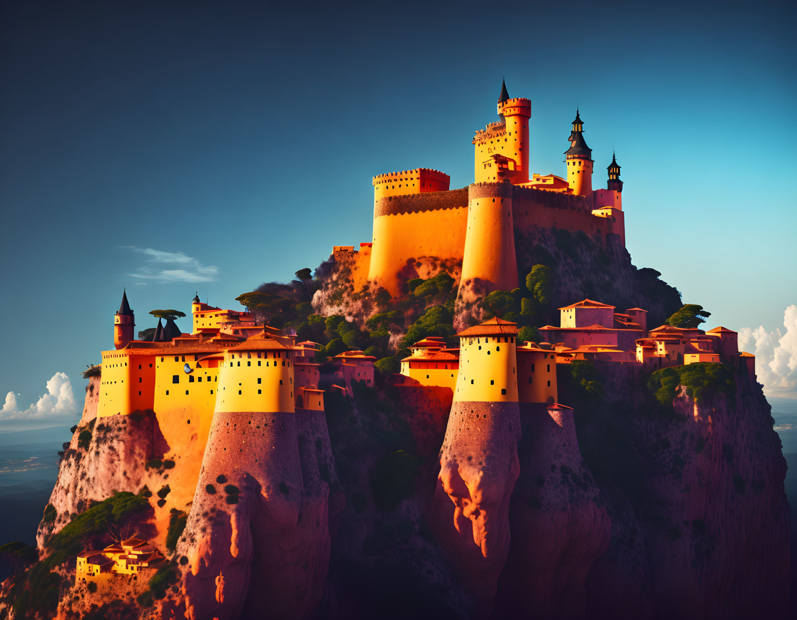 Majestic castle on rugged cliffs with towers under dramatic sunset sky