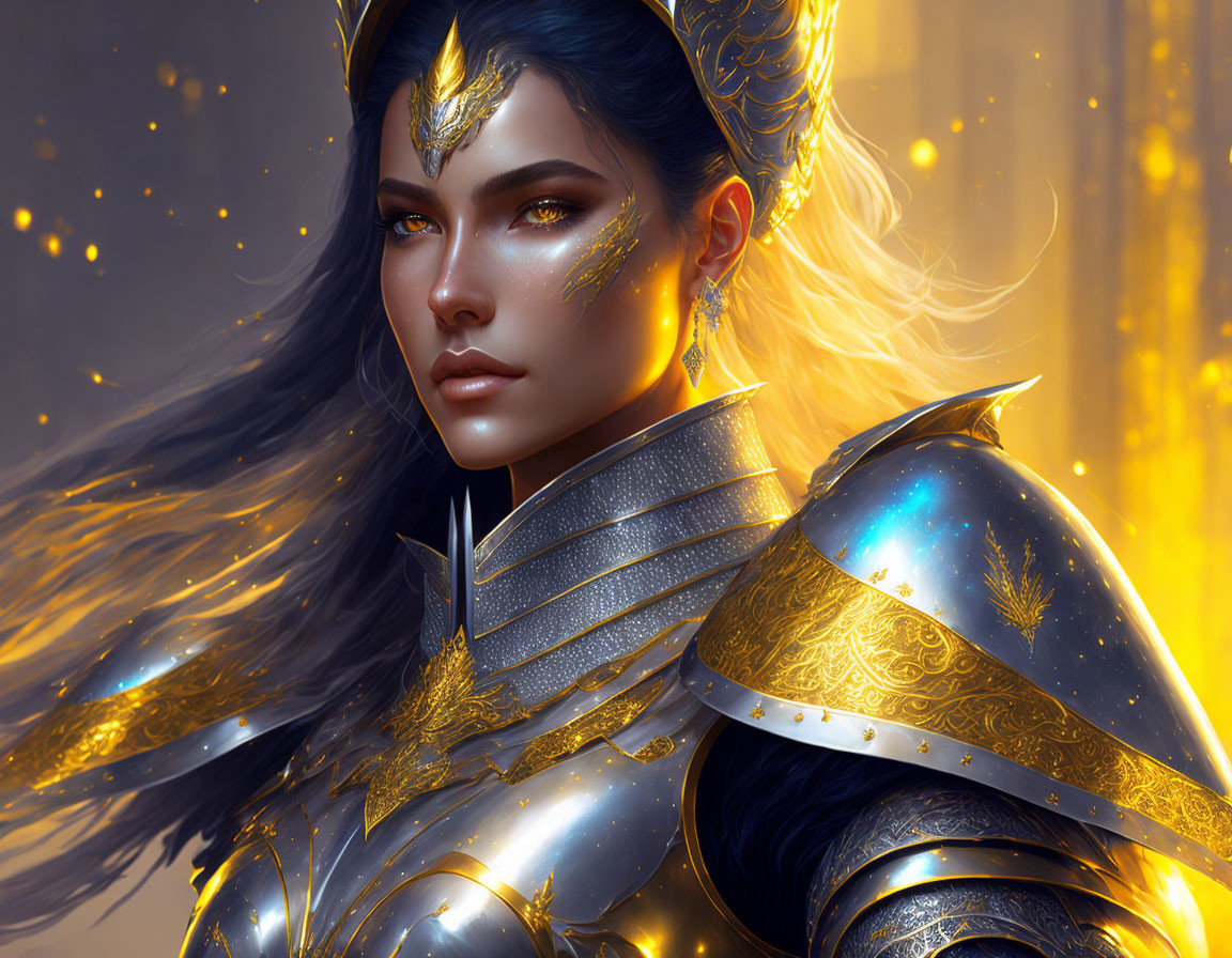 Digital Artwork: Woman in Dark Hair with Golden Armor