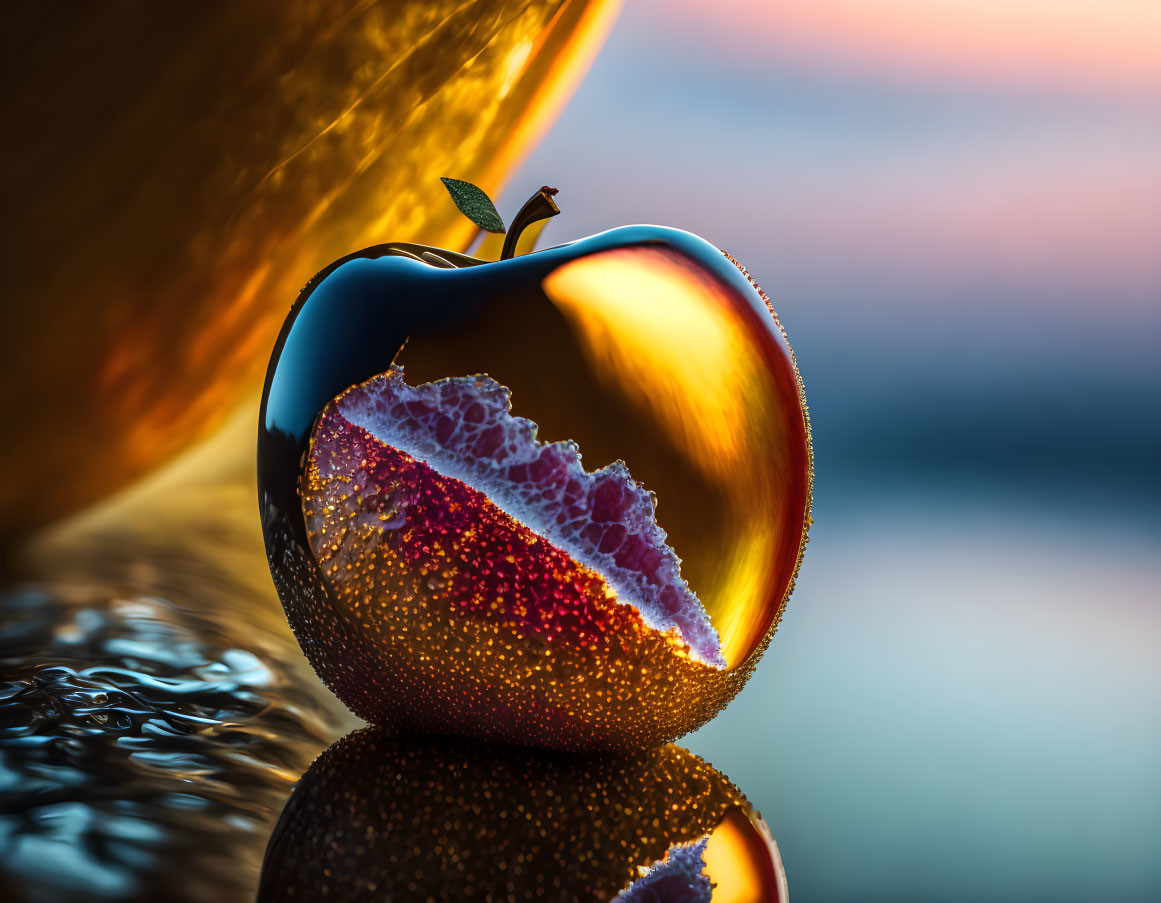 Digitally altered shiny apple with pomegranate interior on blurred sunset background