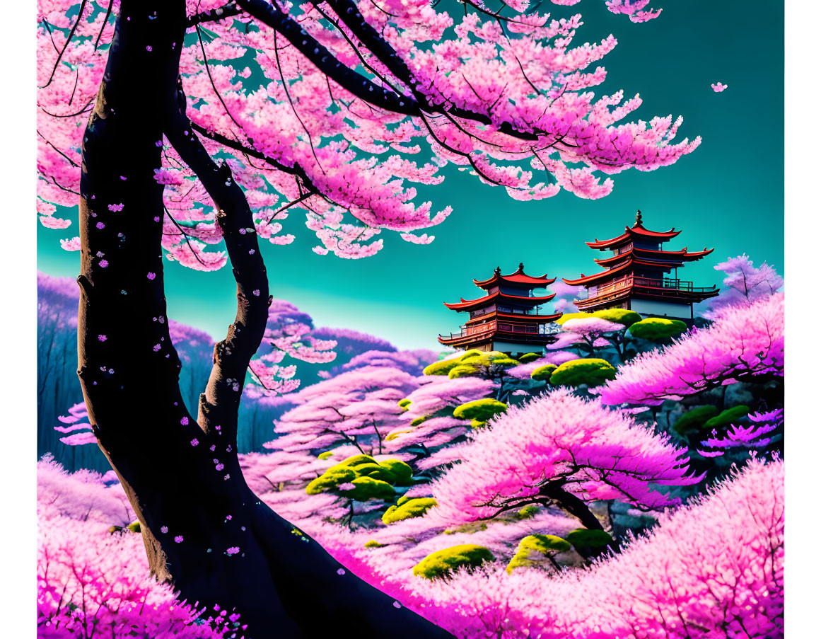 Pink Cherry Blossoms Surround Asian Pagoda in Lush Green Setting