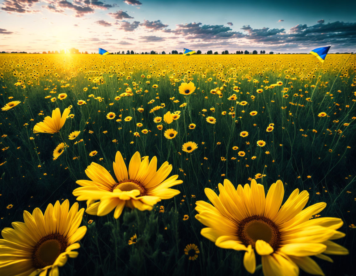 Sunflower Field Sunset with Kites and Dramatic Sky