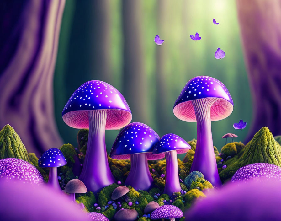 Colorful Purple Mushrooms and Butterflies in Enchanted Forest