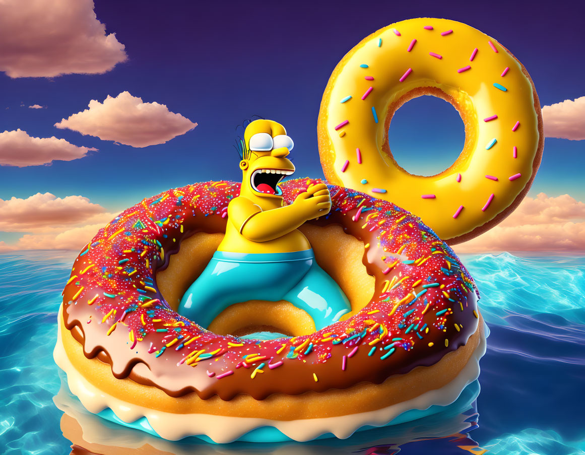 Animated character floating on giant donut in the sea with donut-shaped object in sky