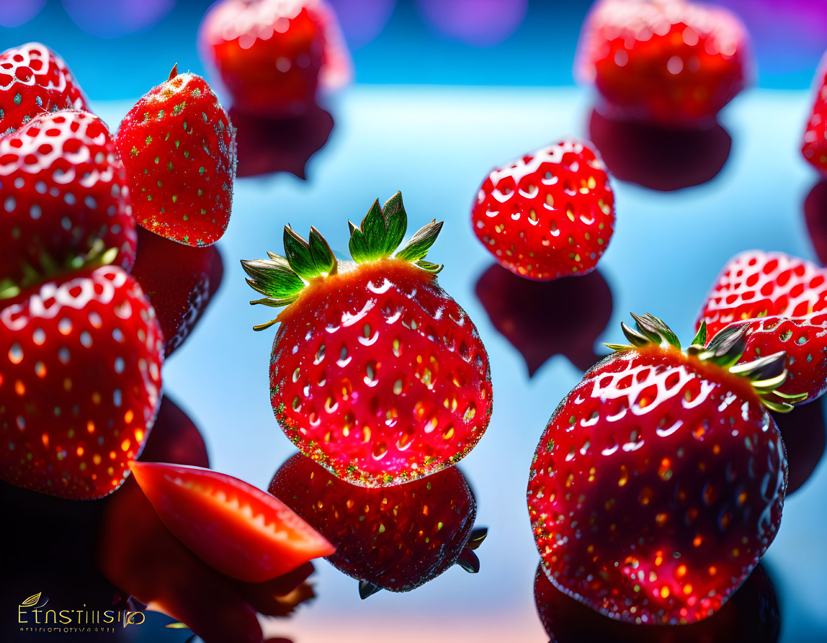 Fresh red strawberries with green leaves on blue bokeh background