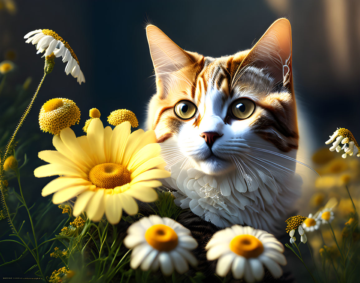 Tabby Cat with Striking Eyes Among Vibrant Daisies