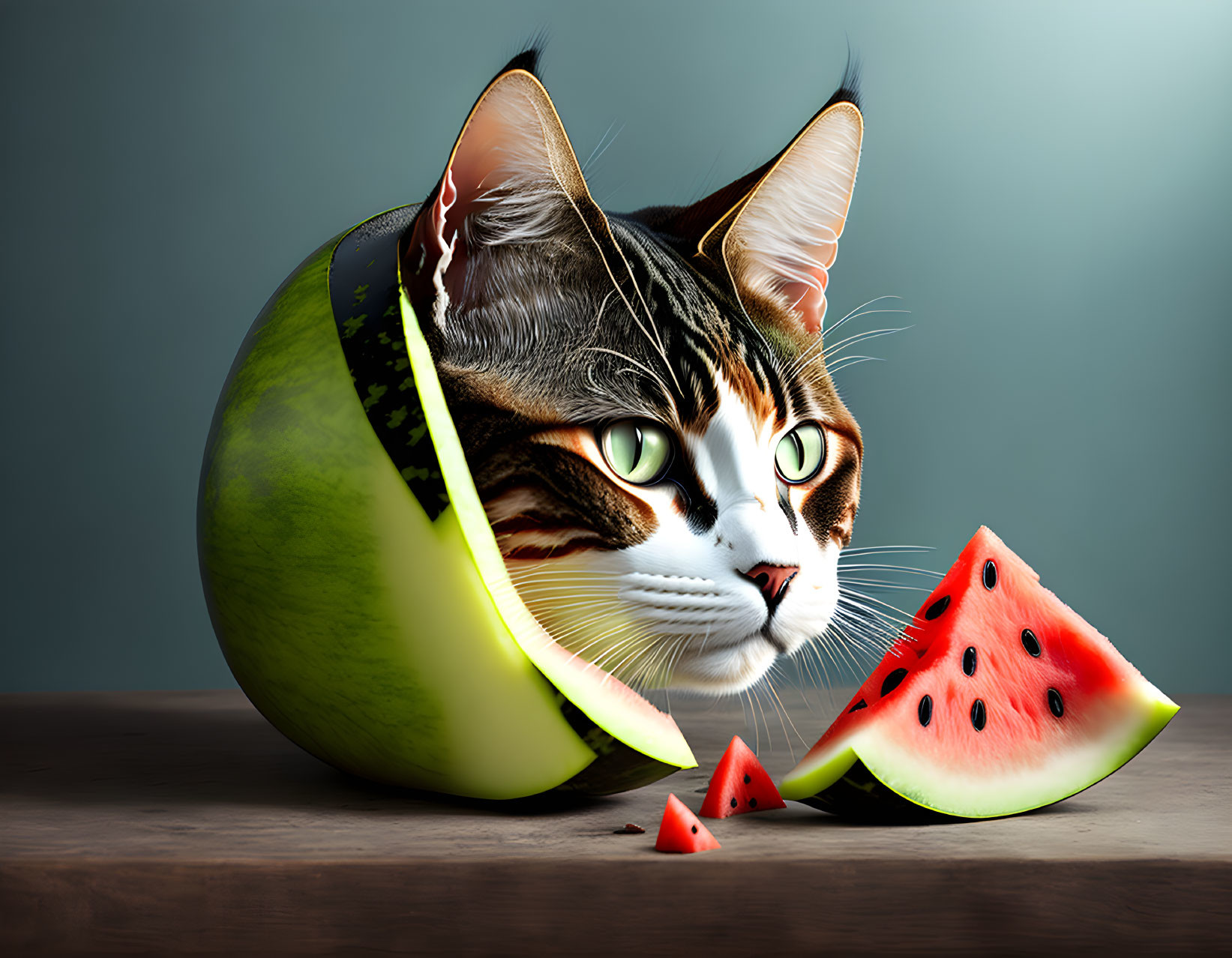 Surreal cat head emerging from sliced watermelon on wooden surface