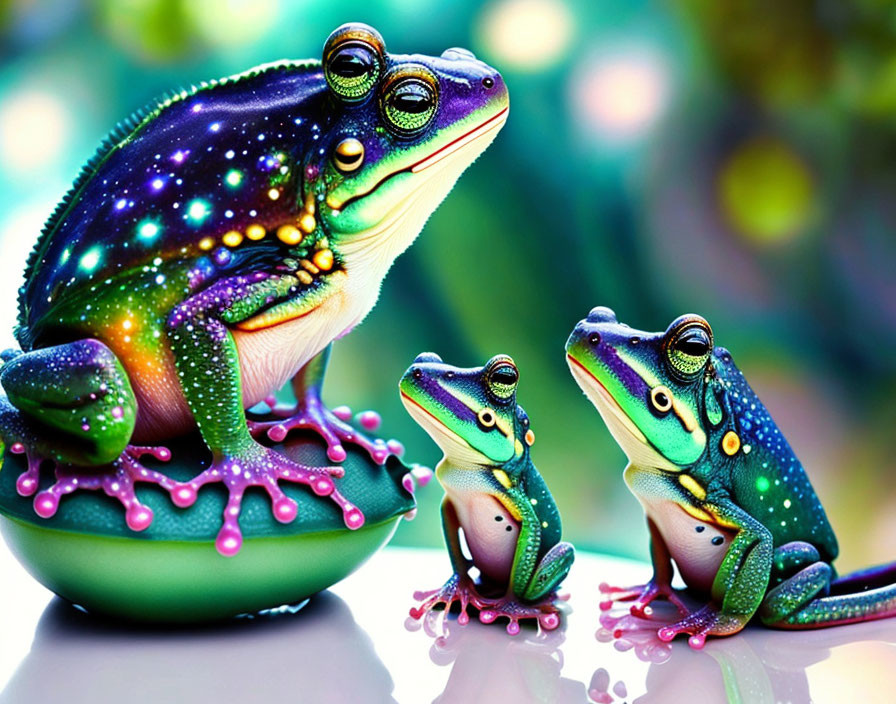 Colorful Frogs with Intricate Patterns in Soft Light