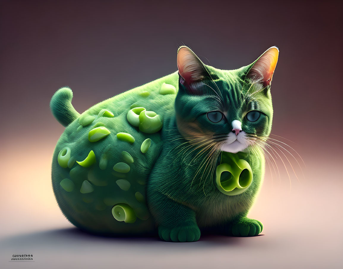 Cartoonish digital illustration of a plump green cat