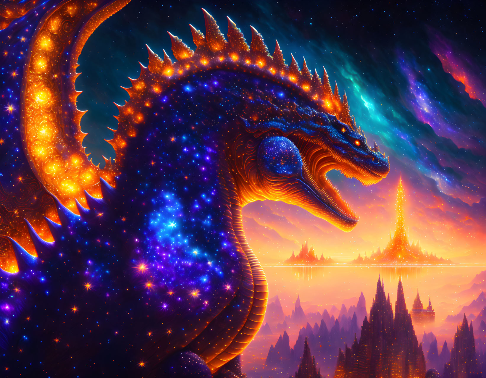 Colorful cosmic dragon in starry sky with nebula, trees, and glowing structure