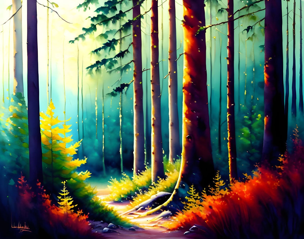 Forest Path Digital Painting with Sunbeams and Colorful Foliage