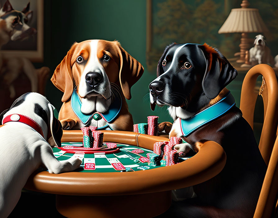 Three Dogs Playing Poker with Collars on Green Table